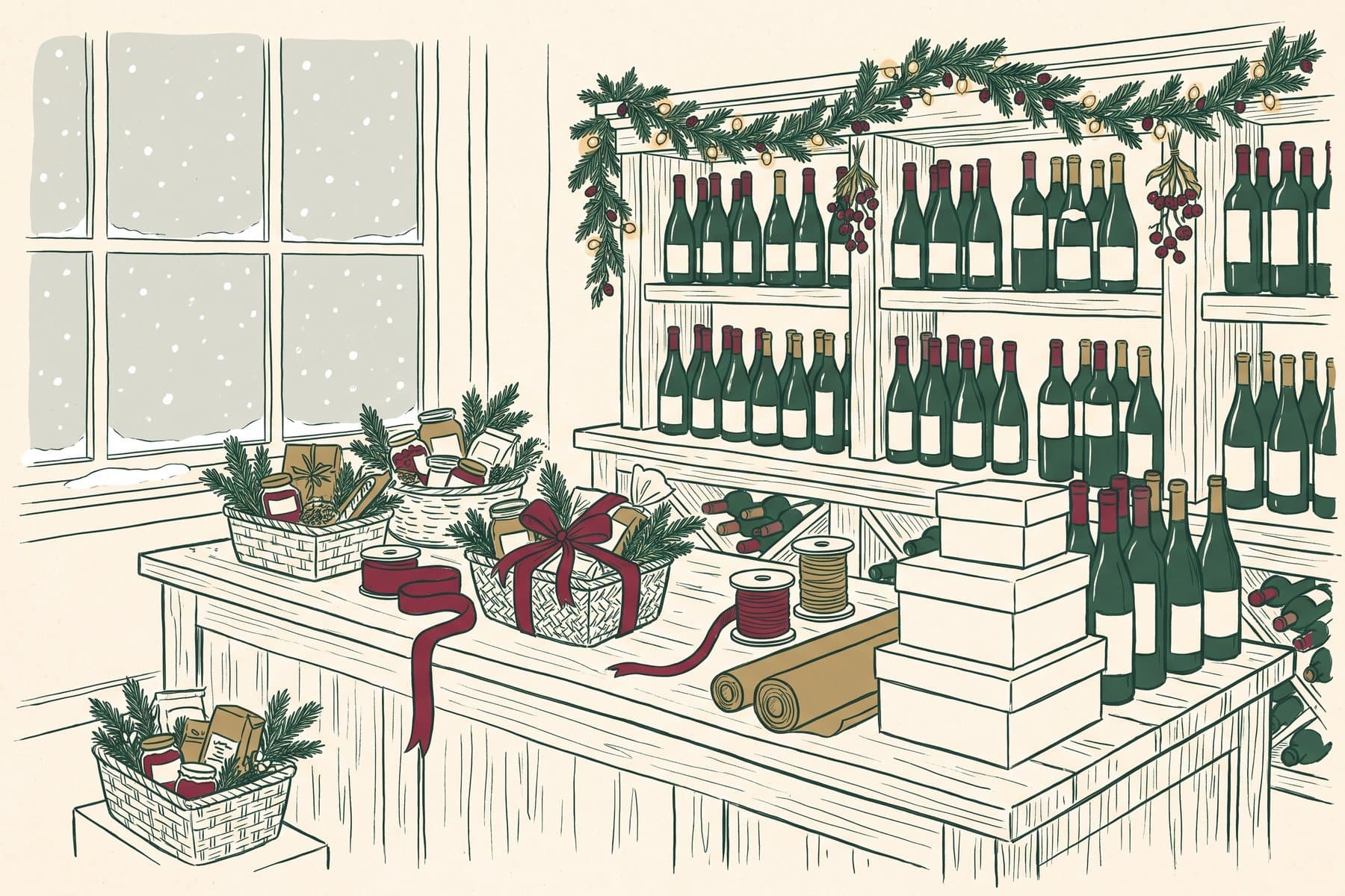 Illustration of gift baskets being wrapped at the winery counter