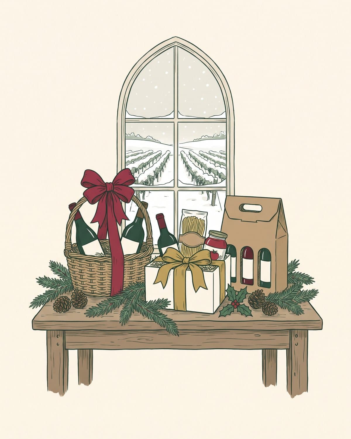 Illustration of wine gift baskets on a winery table with an evergreen garland and a snowy vineyard window