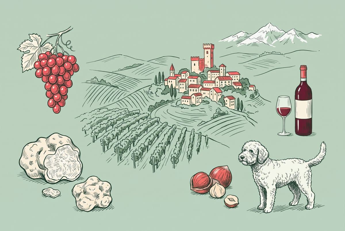 Illustration of Piemonte: Langhe vineyard hills, truffles and hazelnuts