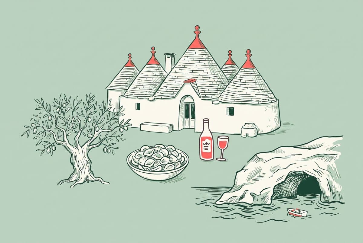 Illustration of Puglia: trulli houses, olive tree and orecchiette