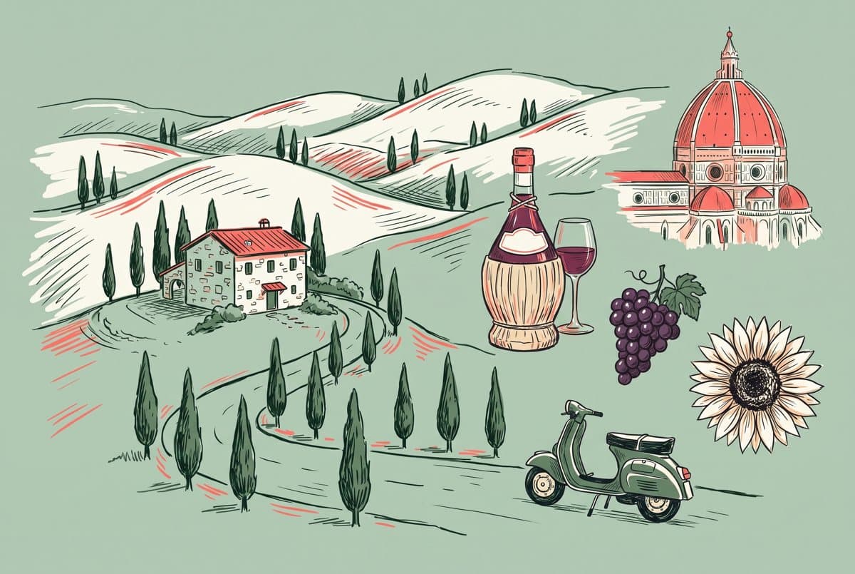 Illustration of Tuscany: cypress road, Florence dome and Chianti