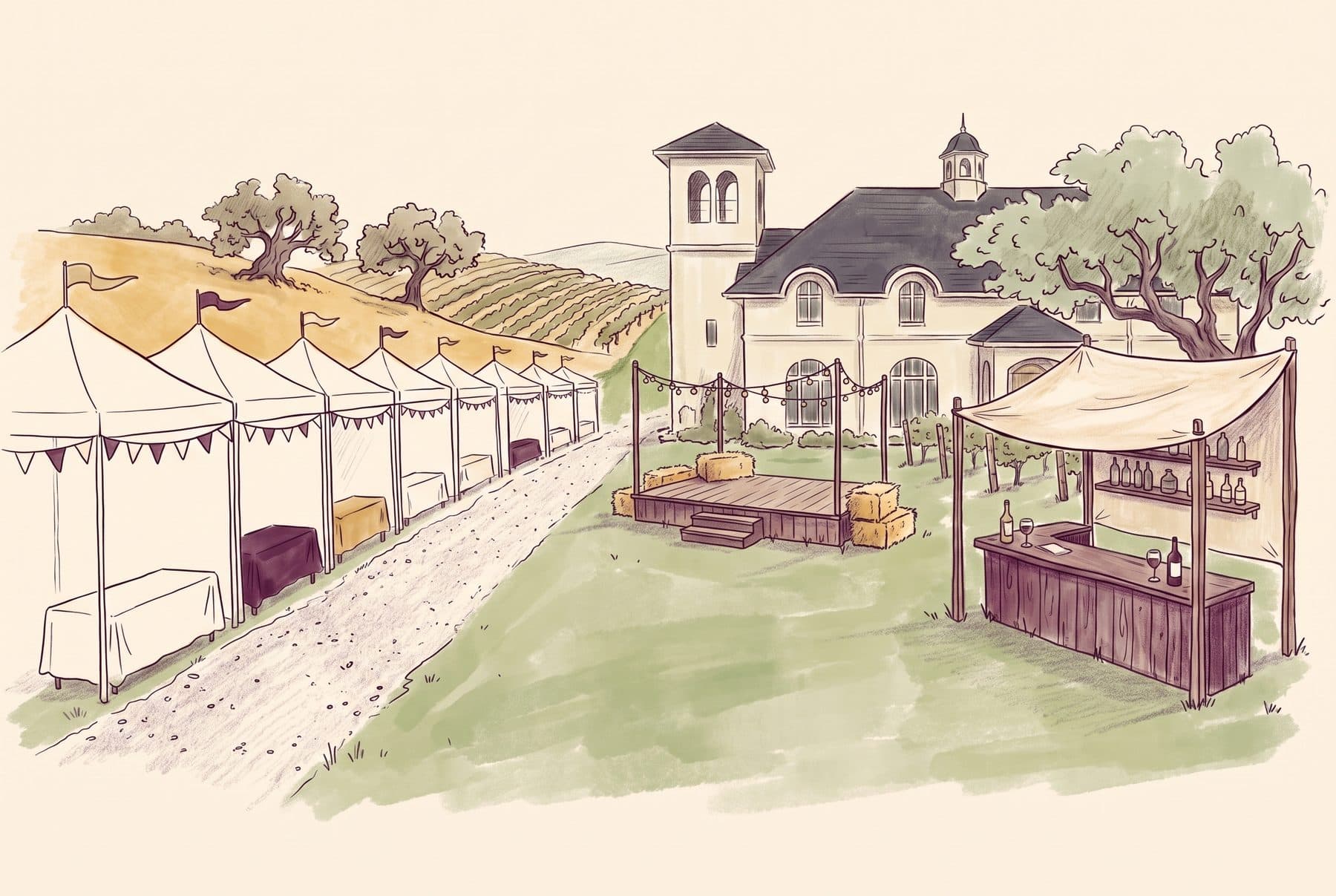 Illustration of a festival day at the vineyard: a row of tents, a small stage with hay bales and a wine bar