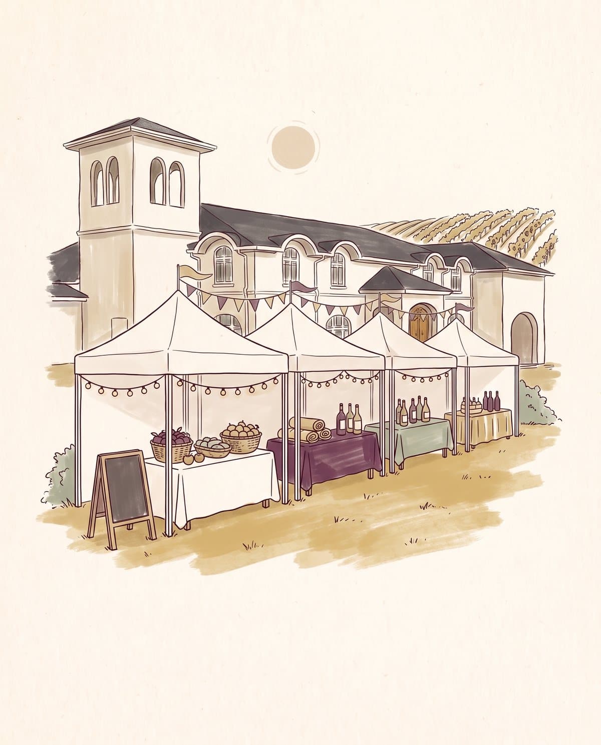 Illustration of vendor tents with string lights and pennants on the lawn in front of the winery and vineyard rows